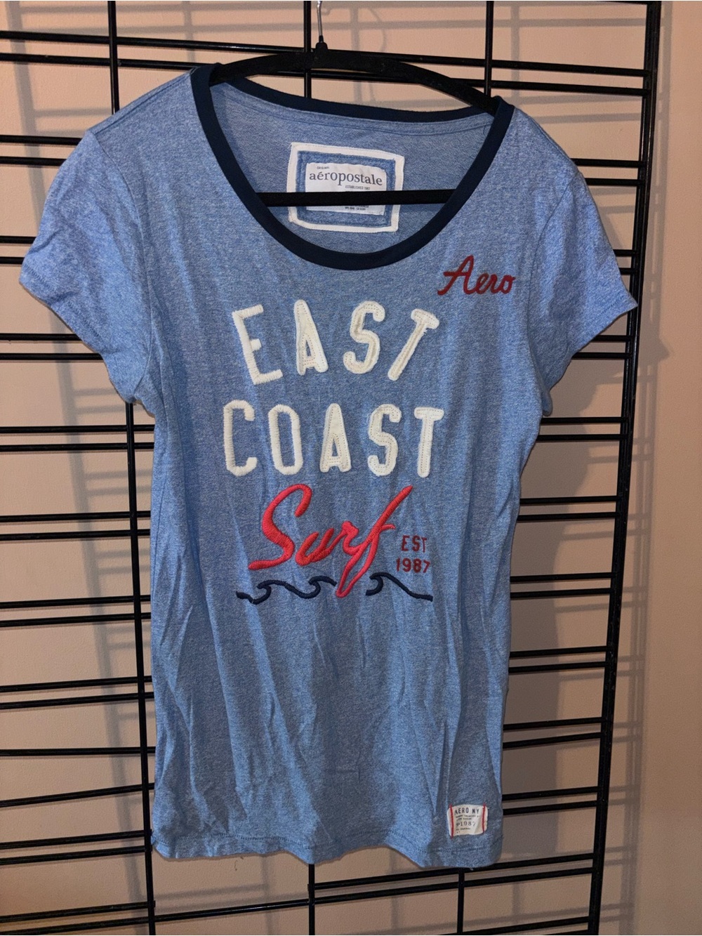 Aeropostale Light Blue East Coast Surf Graphic Tee with Navy Trim
